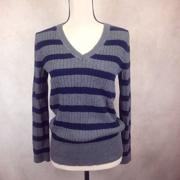 Tommy Hilfiger Gray Blue Striped Cable Knit V Neck Sweater Size Large - Picture 1 of 8